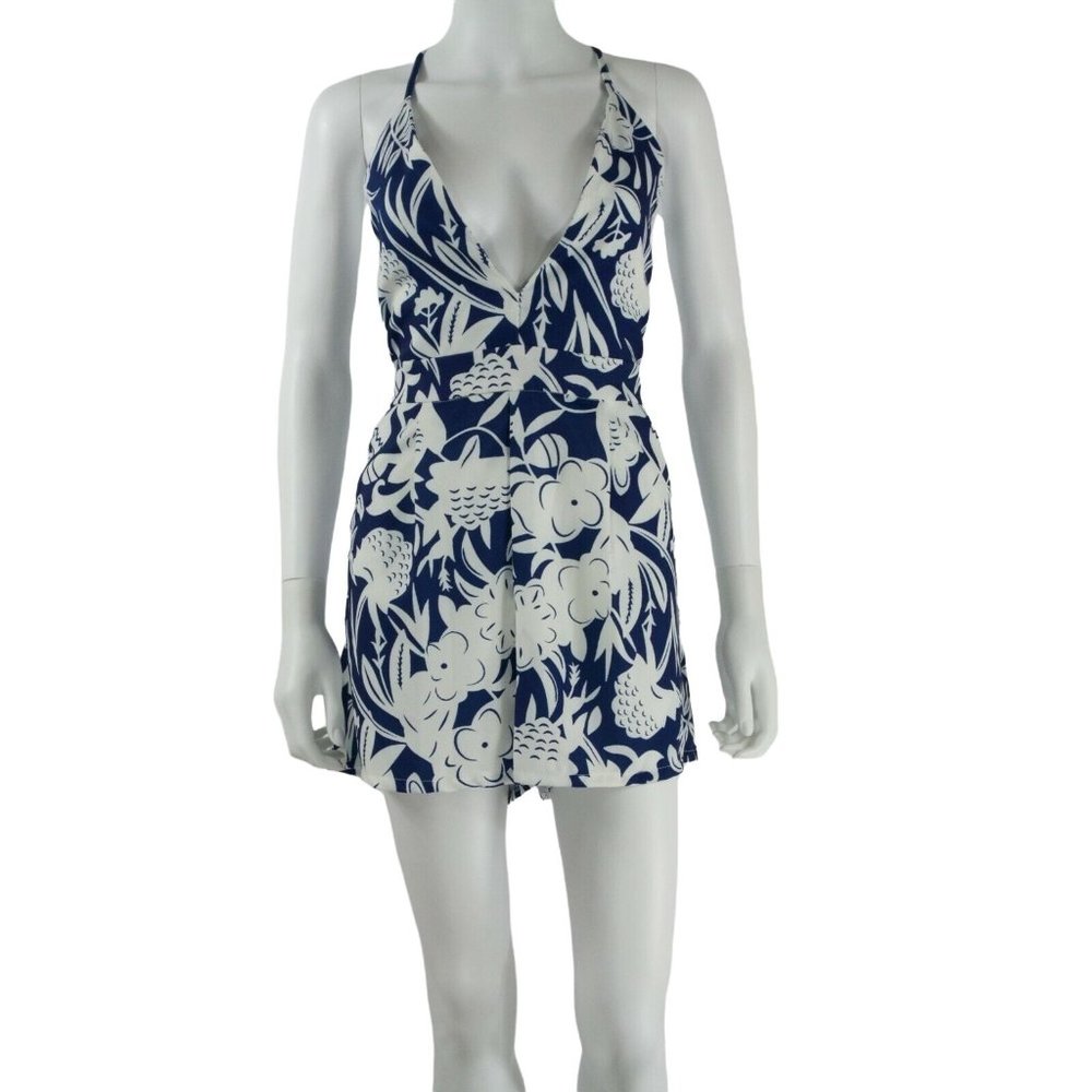 Vintage Romper Swimsuit Blue White Tropical
